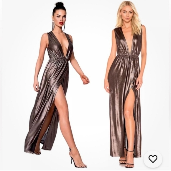 About Us Meredith Plunge Maxi Cocktail Dress Metallic Plum Size M - Picture 1 of 11